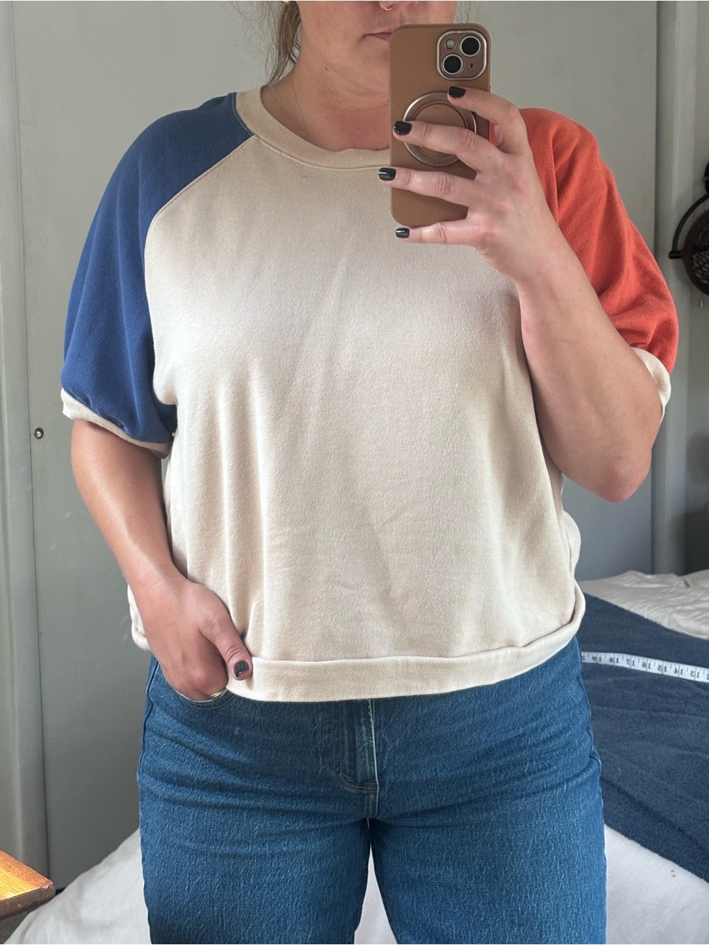 Colorblock Raglan Sweater Tee - Cream with Blue & Orange Sleeves